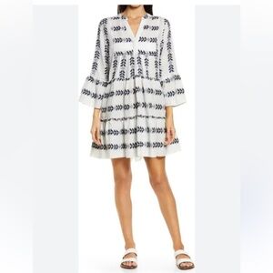 Elan Grecian Cover-Up Dress White and Navy Geometric Print size Medium